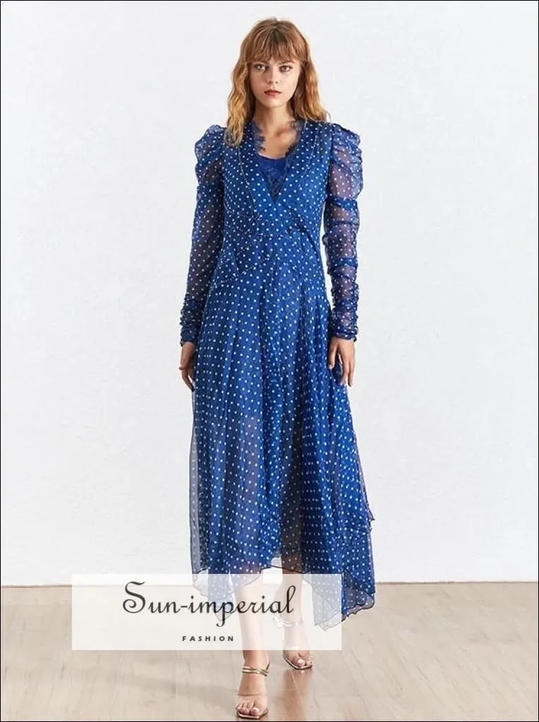 Fort-de-france Dress - Polka Dot Dress for Women V Neck Patchwork Lace Long Sleeve High Waist Long