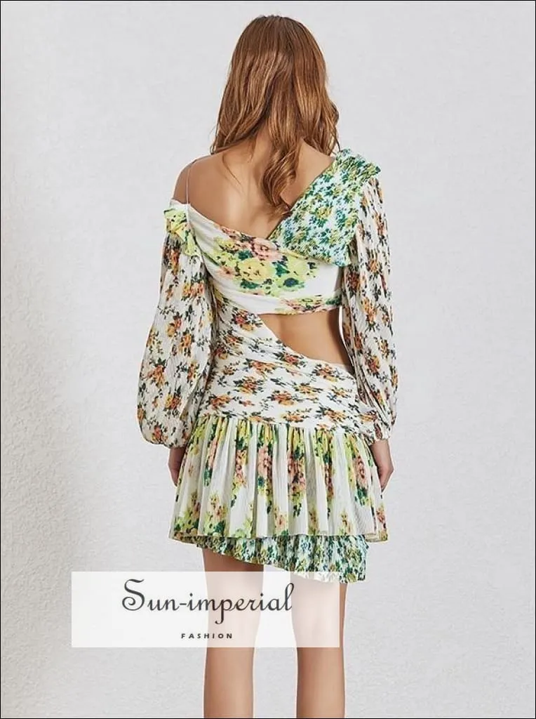 Garden Dress- Floral Print off Shoulder Cut off Waist Women Mini Dress Lantern Long Sleeve