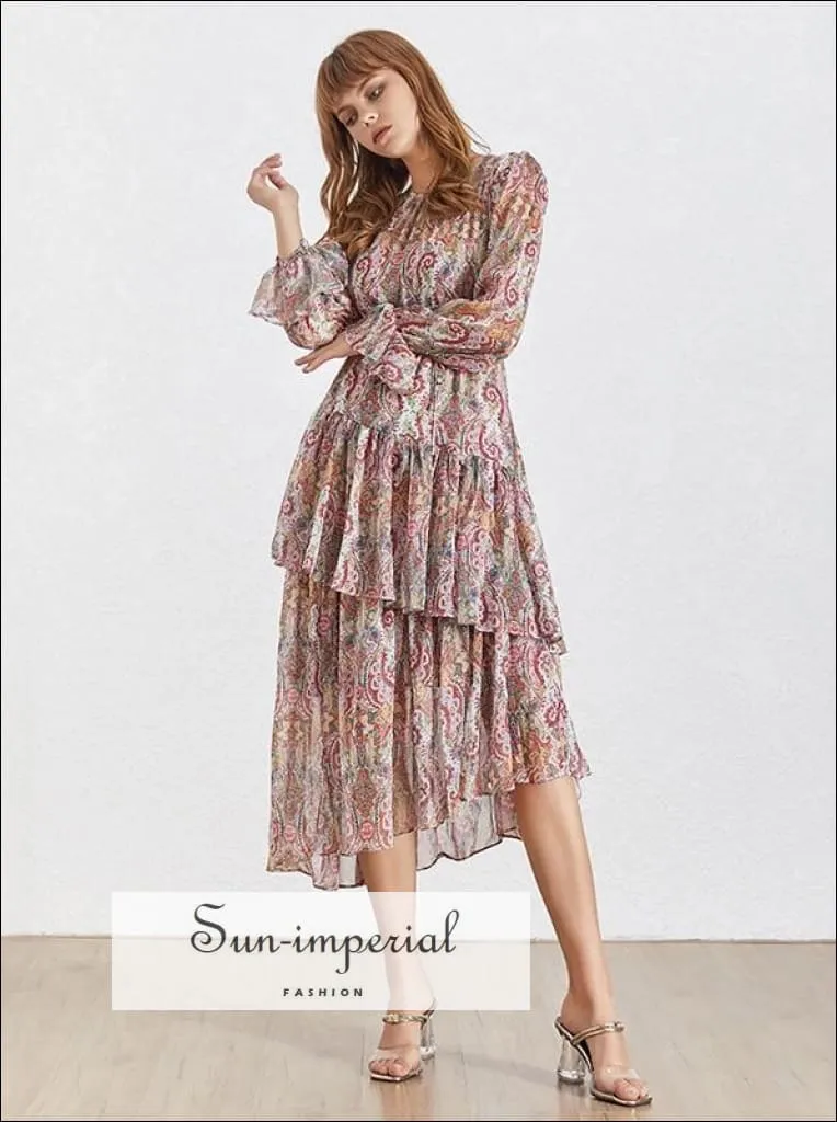 Gloria Dress- Vintage Floral Print Asymmetrical Midi Dress O Neck Flare Sleeve High Waist