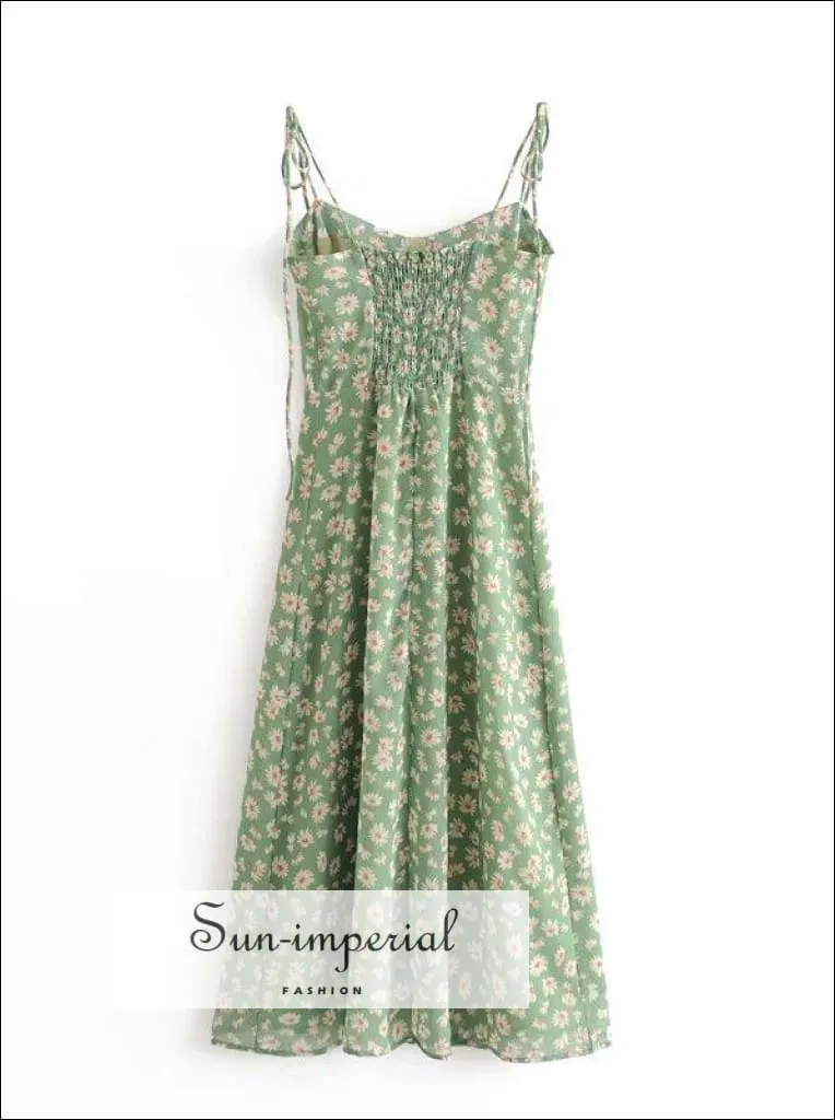 Green Floral Tie Strap Split front Corset Style Midi Dress