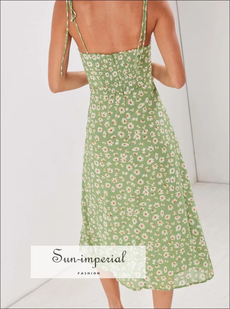 Green Floral Tie Strap Split front Corset Style Midi Dress