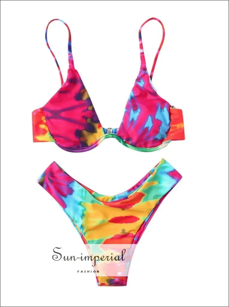 Green Tie Dye Plunge Underwire Bikini Set - Multi-c