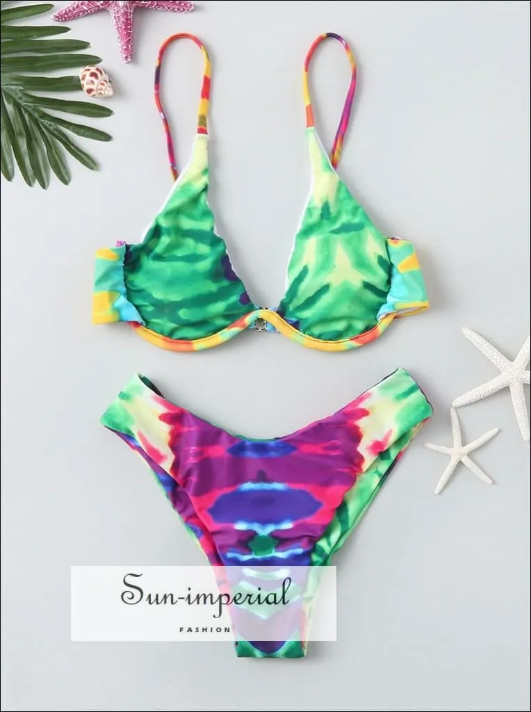 Green Tie Dye Plunge Underwire Bikini Set - Multi-c