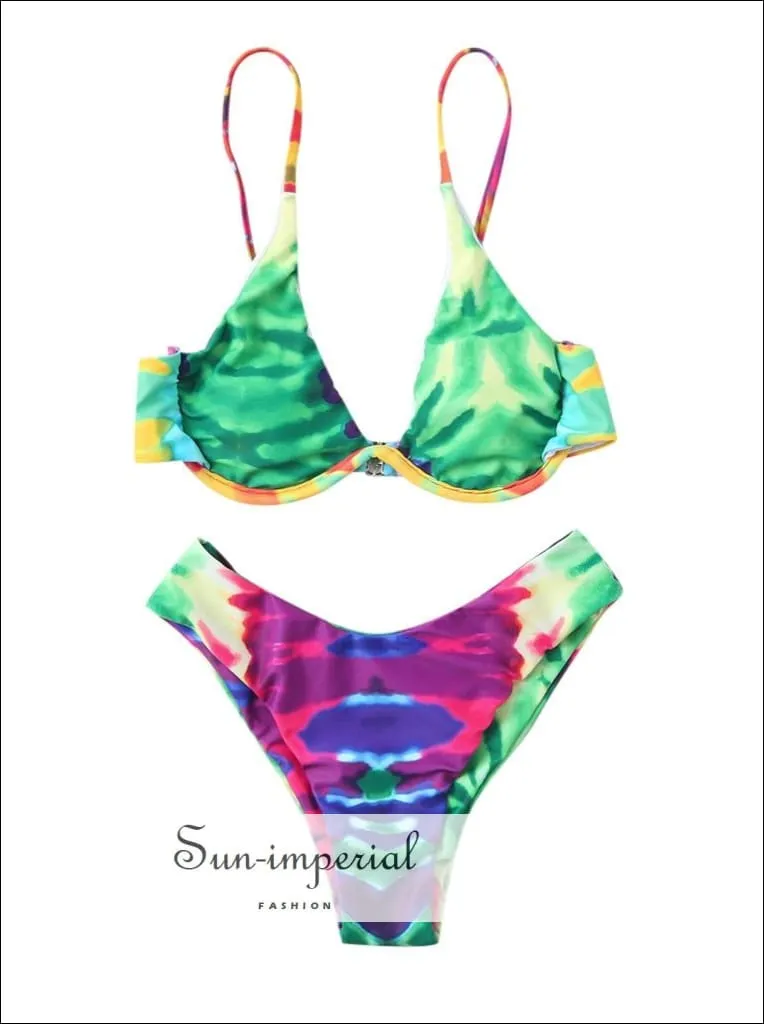 Green Tie Dye Plunge Underwire Bikini Set - Multi-c