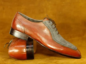 Handmade Grey & Burgundy Square Toe Shoes , Men's Dress Leather Shoes