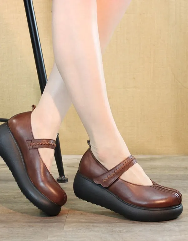 Handmade Retro Leather Round Head Women Shoes