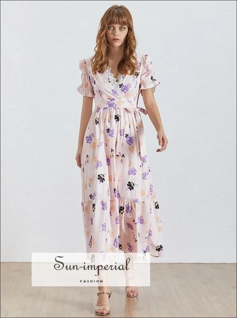 Havana Dress - Floral Print Short Sleeve Maxi Dress for Women V Neck Tie Waist