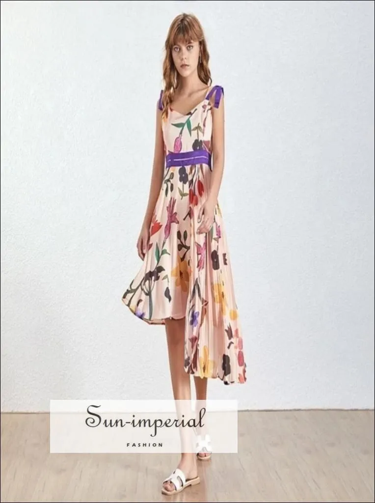 Isabella Dress -floral Bowknot Strap High Waist Asymmetrical Midi Dress