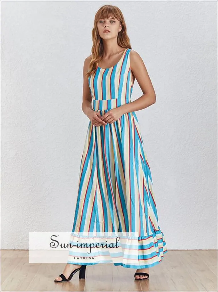 Ivy Dress- Striped Maxi Dress Color Block Backless X Strap Sleeveless High Waist A-line Dress