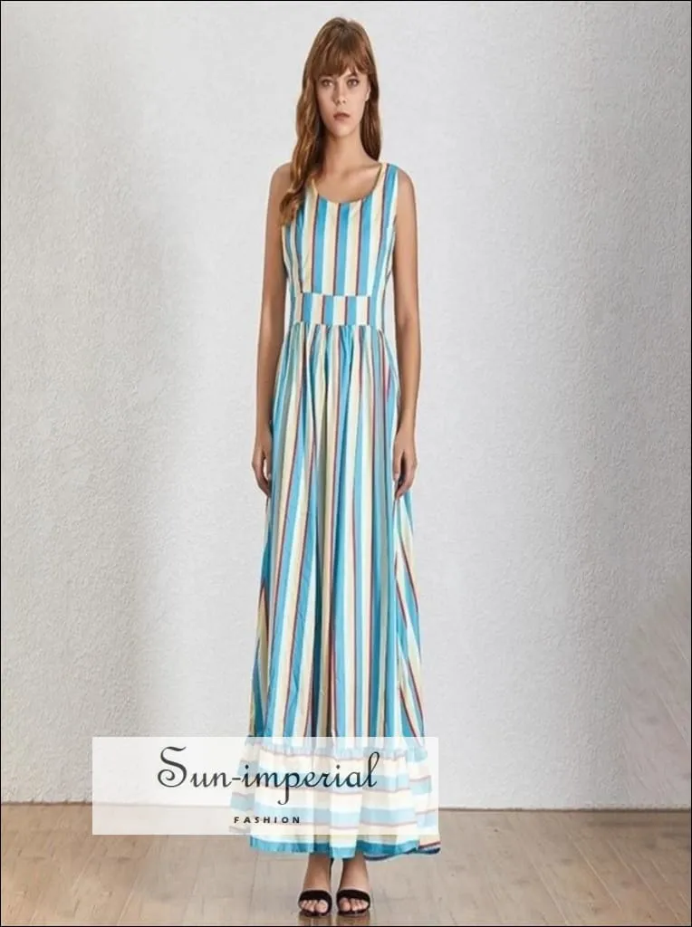 Ivy Dress- Striped Maxi Dress Color Block Backless X Strap Sleeveless High Waist A-line Dress