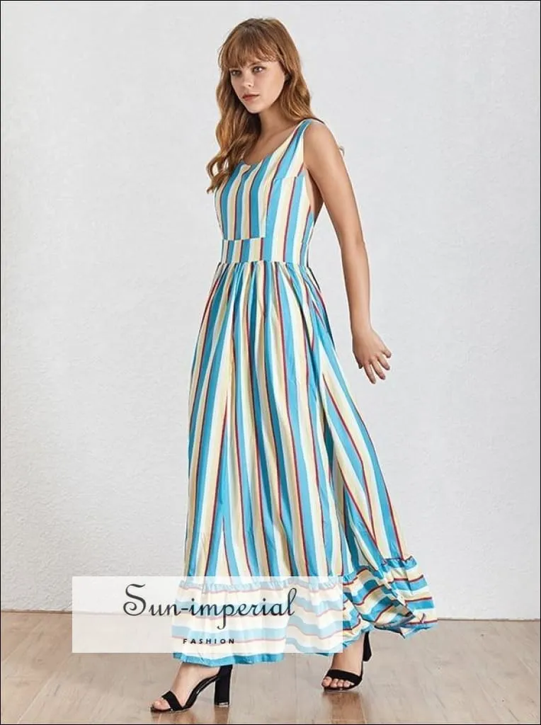 Ivy Dress- Striped Maxi Dress Color Block Backless X Strap Sleeveless High Waist A-line Dress