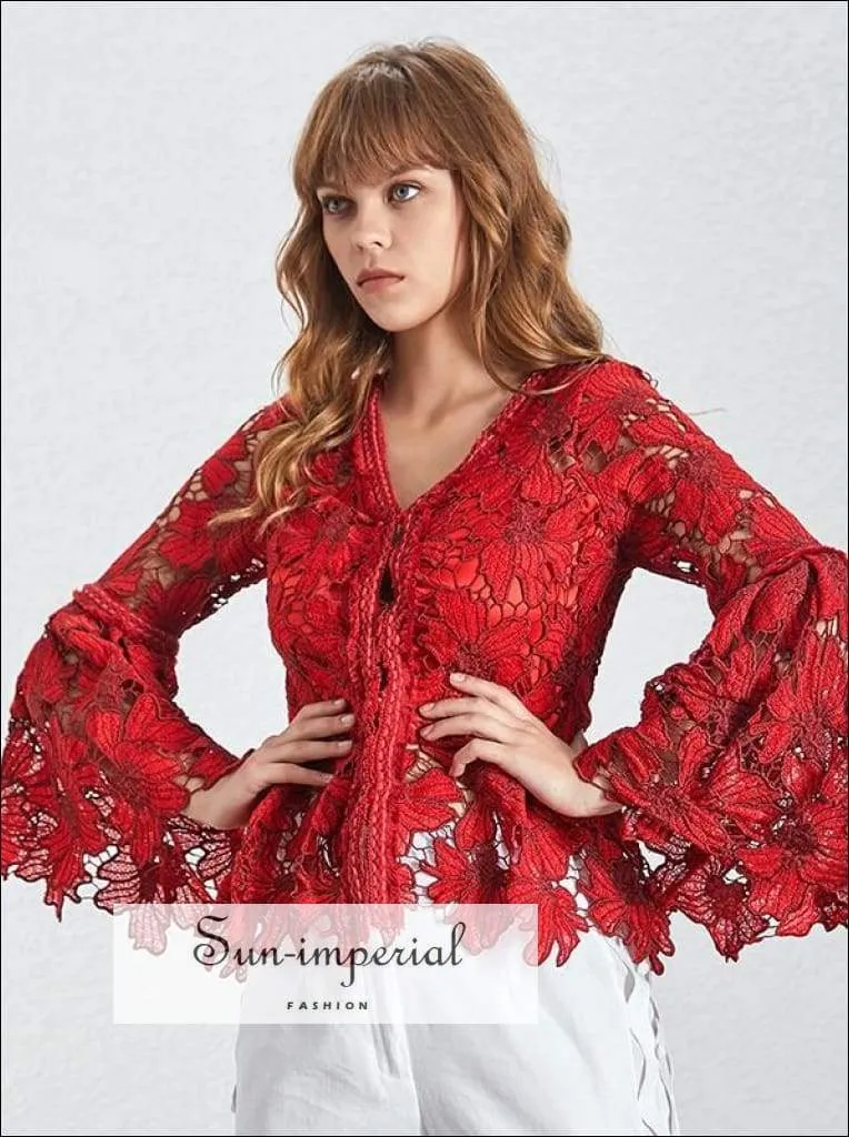 Jade top - Fashion Reddish Women's Shirt V Neck Long Flare Sleeve Lace top