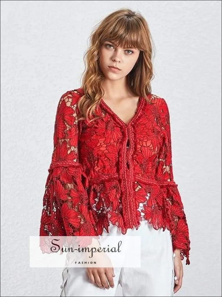 Jade top - Fashion Reddish Women's Shirt V Neck Long Flare Sleeve Lace top