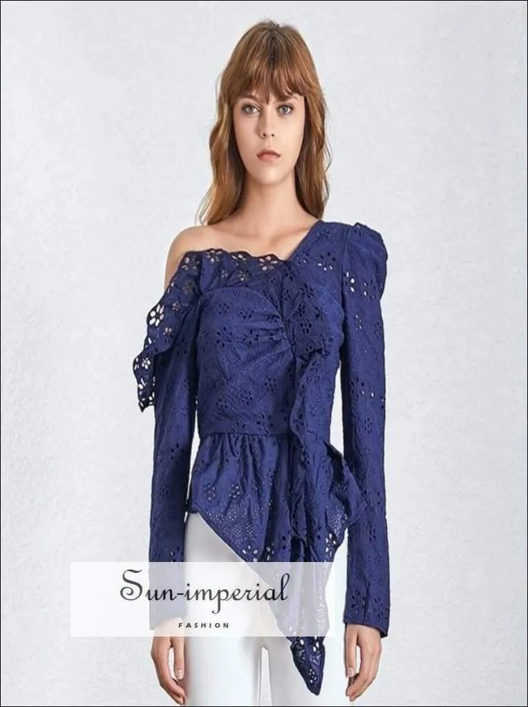 Jerri top - Lace Patchwork Women Blouse Puff Sleeve One Shoulder Perspective Slim Irregular