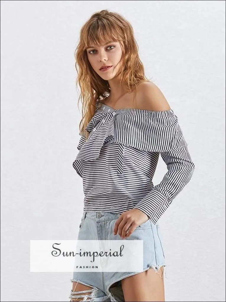 Jillian top - off Shoulder Skew Collar Women Shirt Ruffle Long Sleeve Striped Blouse