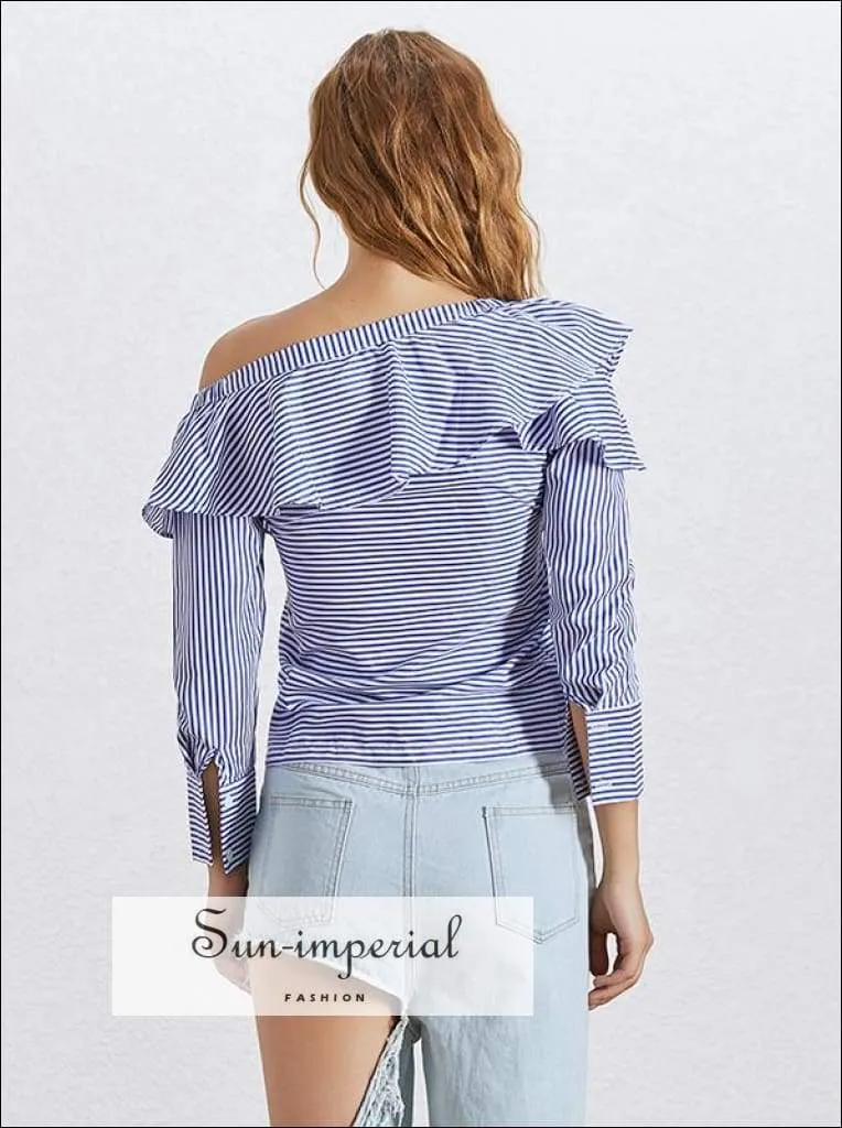 Jillian top - off Shoulder Skew Collar Women Shirt Ruffle Long Sleeve Striped Blouse