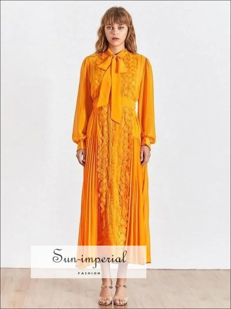 Kalani Dress- Vintage Orange Maxi Lace Elegant Dress Bow Knot Collar Long Sleeve