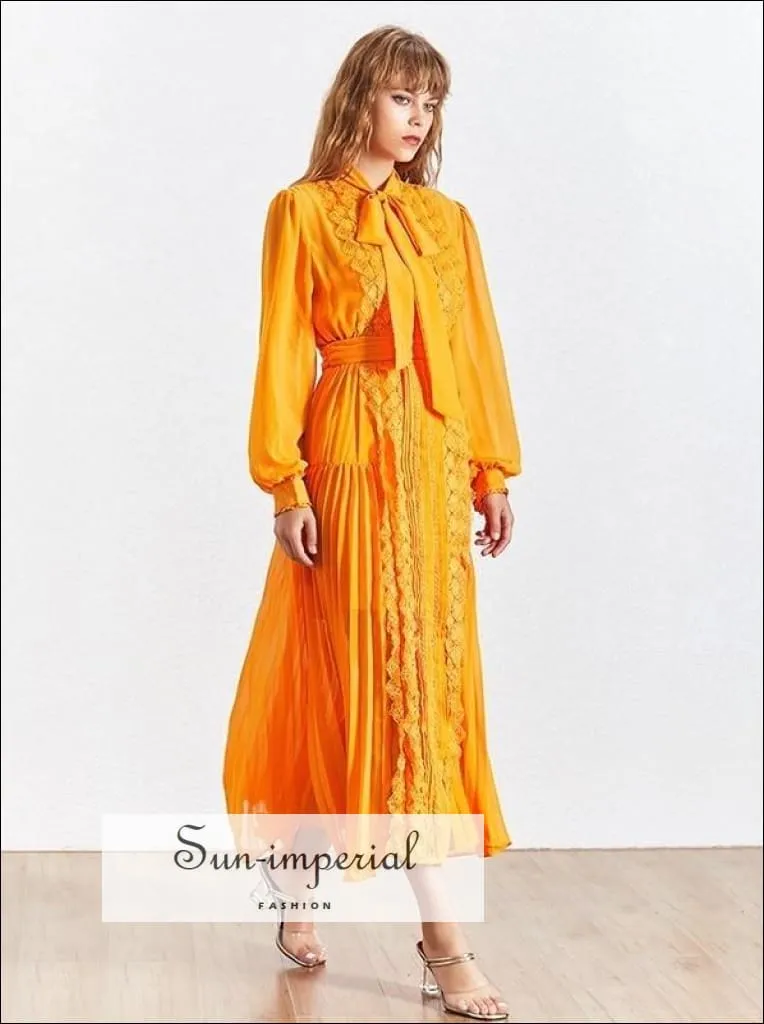 Kalani Dress- Vintage Orange Maxi Lace Elegant Dress Bow Knot Collar Long Sleeve