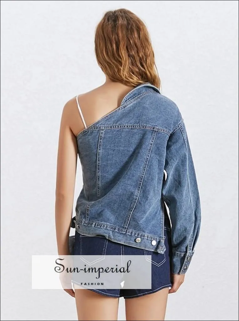 Kent Denim Jacket- One Shoulder Denim Jacket for Women Long Sleeve Asymmetrical side Split top