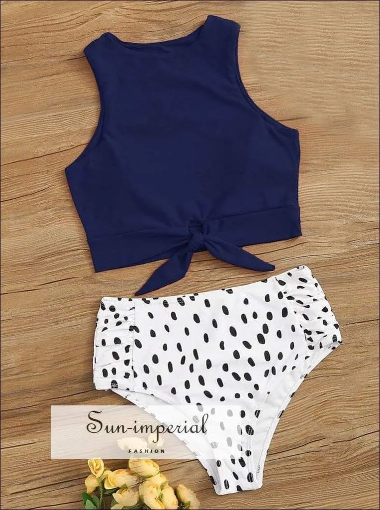 Knot front top with Dot High Waist Bikini Set - Blue