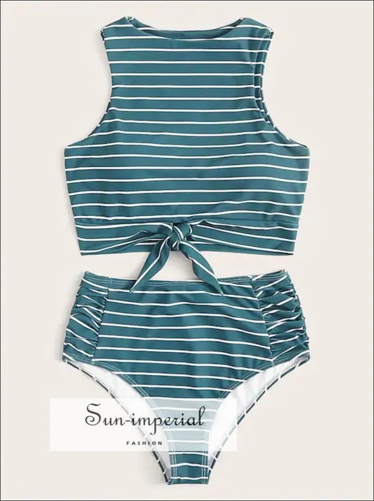 Knot front top with Dot High Waist Bikini Set - Green top Blue bottom