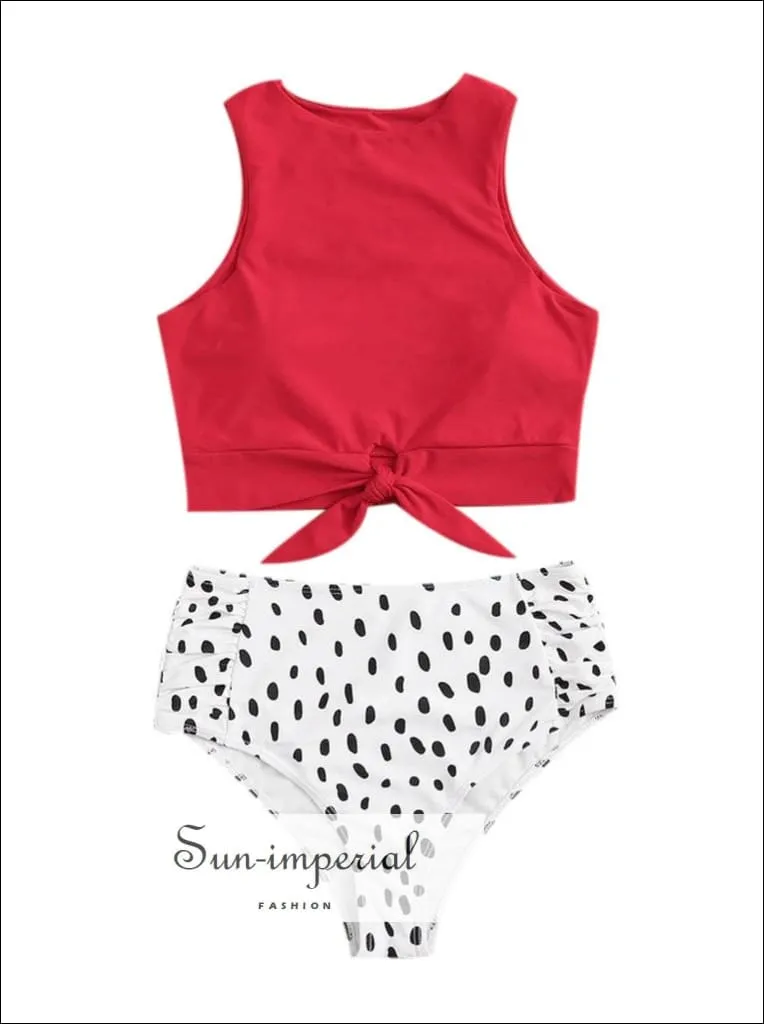 Knot front top with Dot High Waist Bikini Set - Red top and with Black Spot High Waist bottom