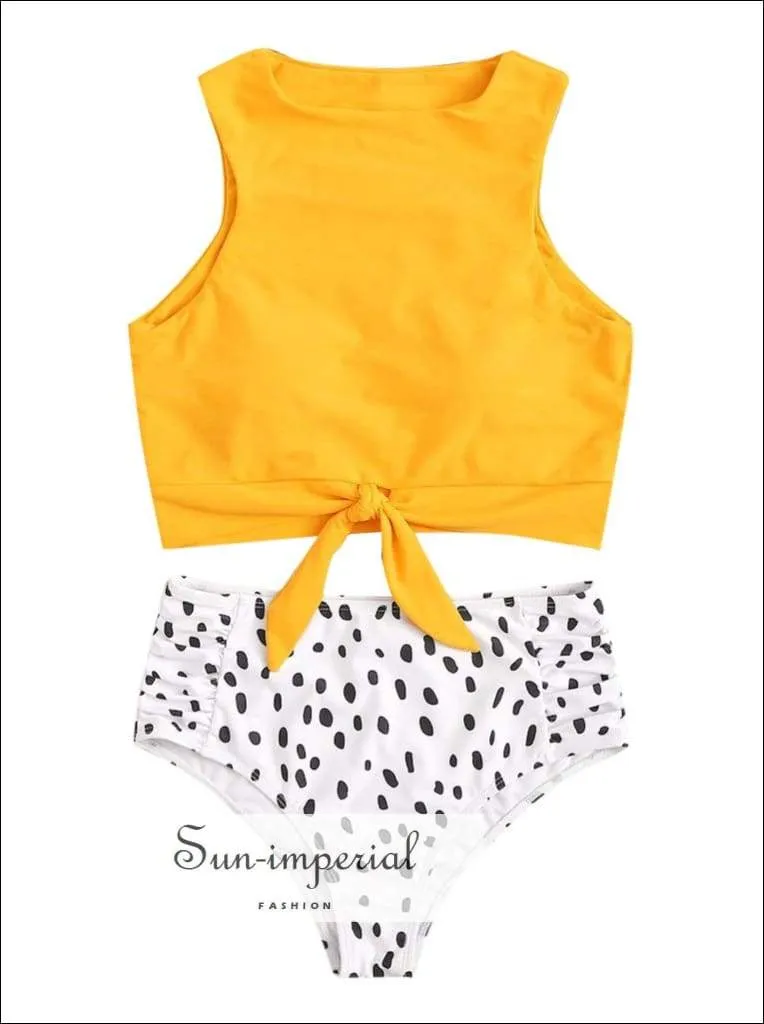 Knot front top with Dot High Waist Bikini Set - Red top and with Black Spot High Waist bottom