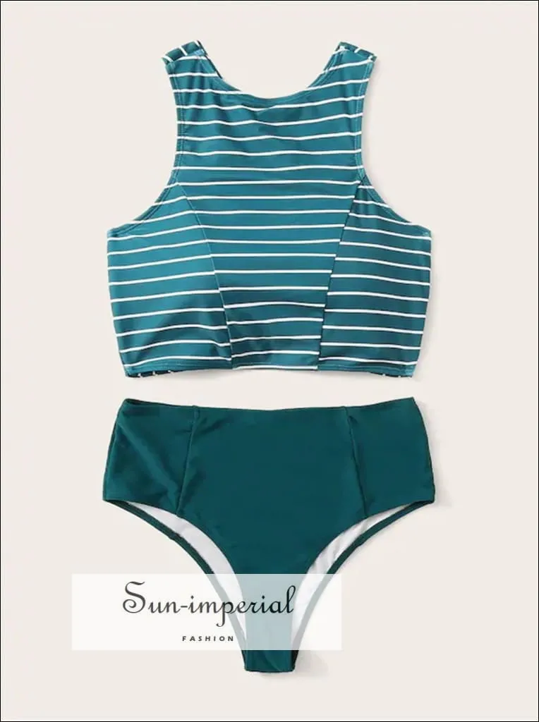 Knot front top with Dot High Waist Bikini Set - Striped Turquoise top and bottom