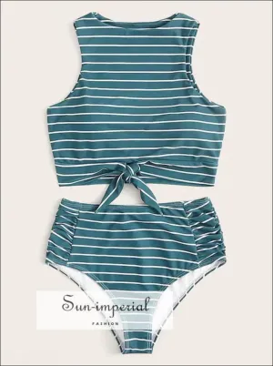 Knot front top with Dot High Waist Bikini Set - Striped Turquoise top and bottom