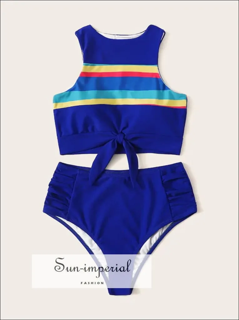 Knot front top with Dot High Waist Bikini Set - Striped Turquoise top and bottom