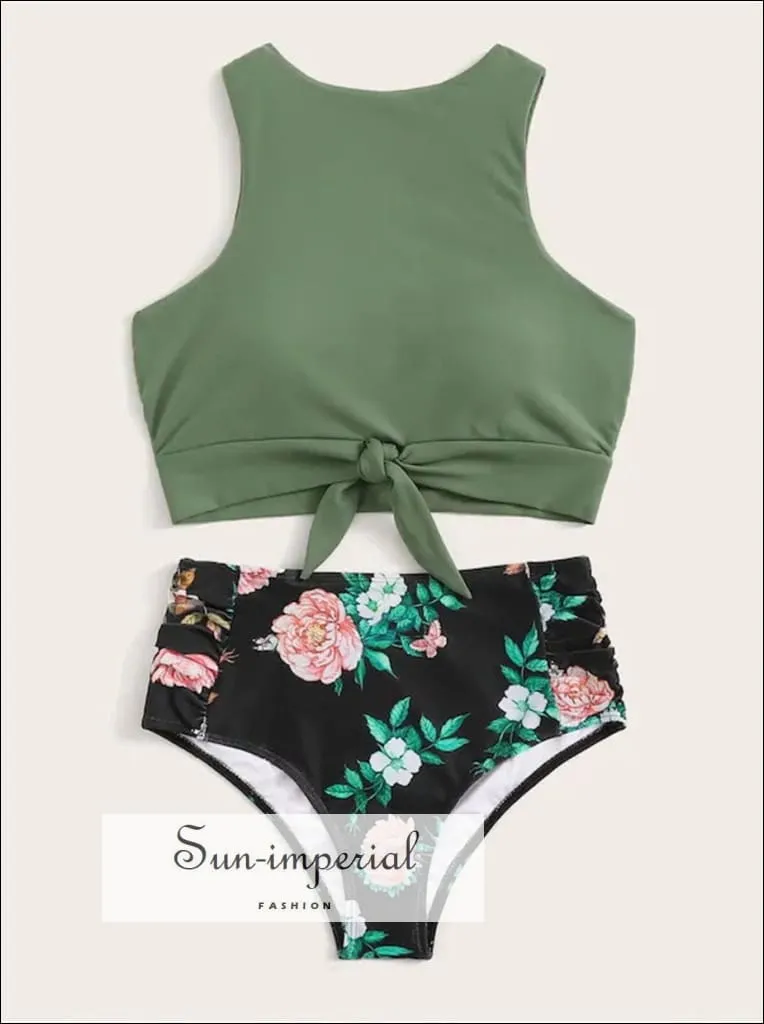 Knot front top with Dot High Waist Bikini Set - Striped Turquoise top Green bottom