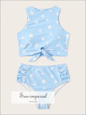 Knot front top with Dot High Waist Bikini Set - Teal Star Print top and bottom