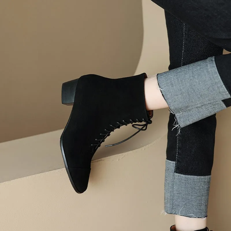 Lace-up Suede Leather Ankle Boots Slimming Boots Elegant Glove-Like Retro Boots Block Heel