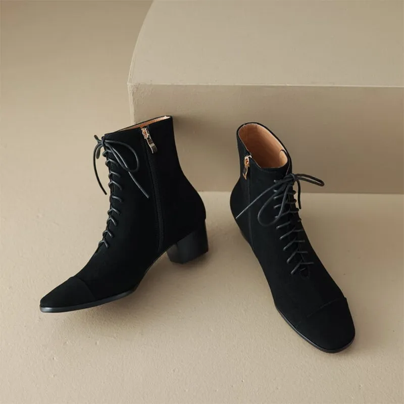 Lace-up Suede Leather Ankle Boots Slimming Boots Elegant Glove-Like Retro Boots Block Heel