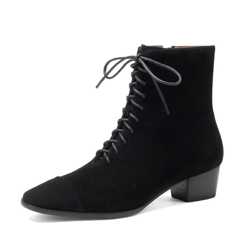 Lace-up Suede Leather Ankle Boots Slimming Boots Elegant Glove-Like Retro Boots Block Heel