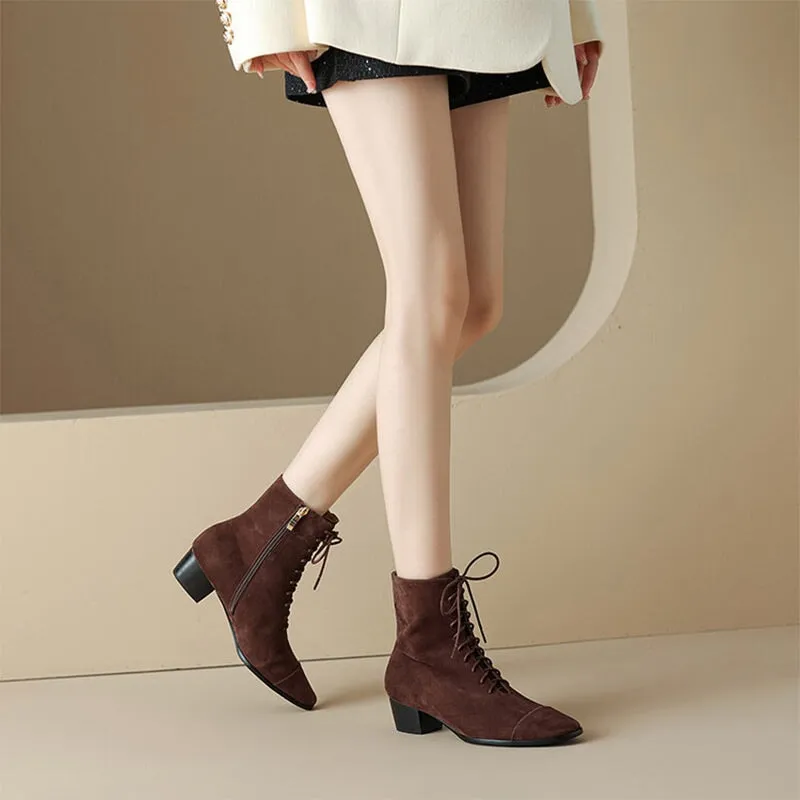 Lace-up Suede Leather Ankle Boots Slimming Boots Elegant Glove-Like Retro Boots Block Heel