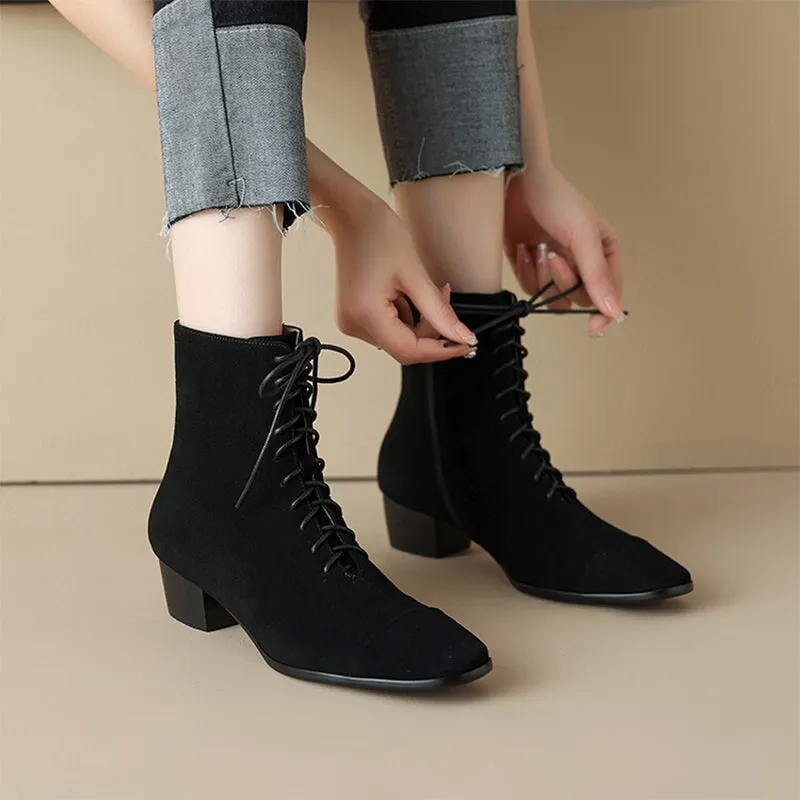 Lace-up Suede Leather Ankle Boots Slimming Boots Elegant Glove-Like Retro Boots Block Heel