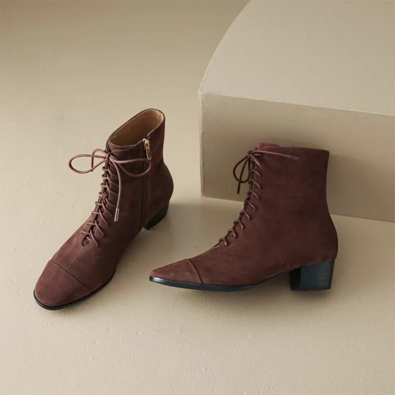 Lace-up Suede Leather Ankle Boots Slimming Boots Elegant Glove-Like Retro Boots Block Heel