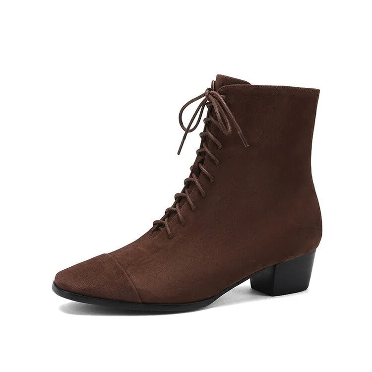 Lace-up Suede Leather Ankle Boots Slimming Boots Elegant Glove-Like Retro Boots Block Heel