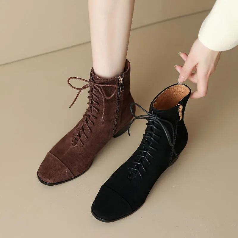 Lace-up Suede Leather Ankle Boots Slimming Boots Elegant Glove-Like Retro Boots Block Heel