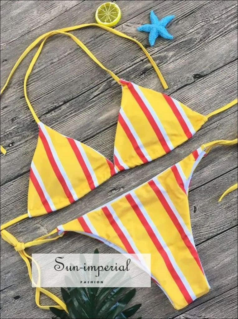 Ladies Striped Print Beach Swimwear Two-piece Fashion Bikini Set High Waist Push-up Bra Straps