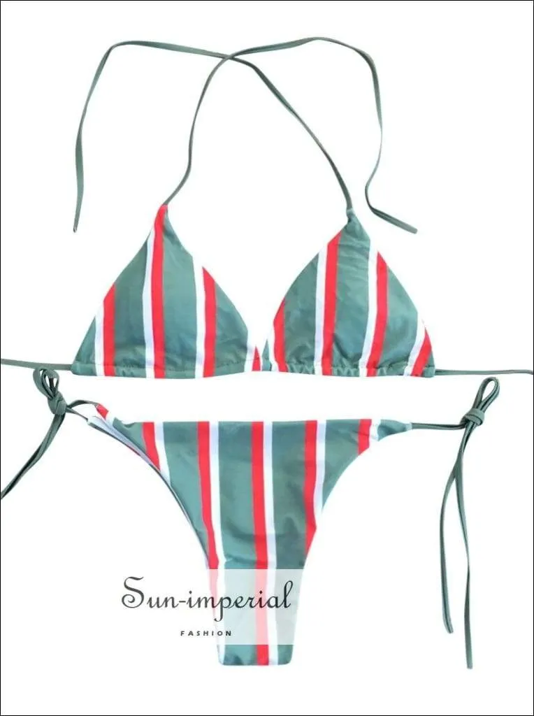 Ladies Striped Print Beach Swimwear Two-piece Fashion Bikini Set High Waist Push-up Bra Straps