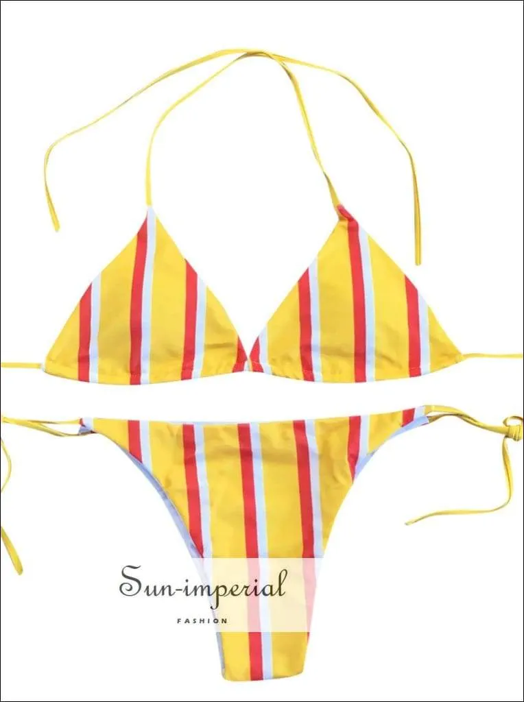 Ladies Striped Print Beach Swimwear Two-piece Fashion Bikini Set High Waist Push-up Bra Straps