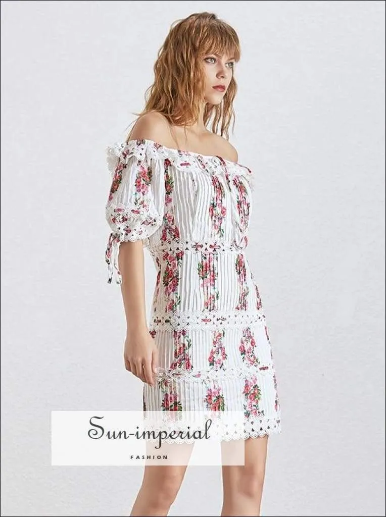 Le Tampon Dress - Print Dress for Women Slash Neck Lantern Sleeve High Waist Lace Mini Short