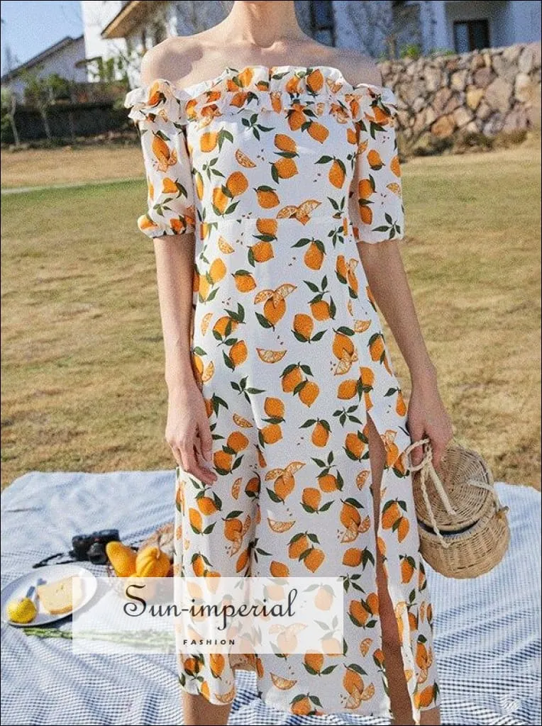 Lemon Print Women Dress Summer Vintage Ruffle off the Shoulder Neck R Sun Dress