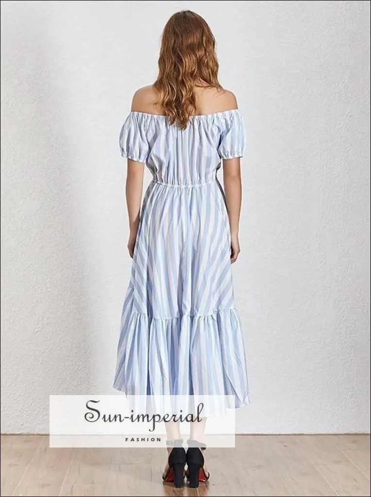 Lena Dress - Summer Striped Women Dress O Neck Short Sleeve High Waist Hit Color Asymmetrical Midi