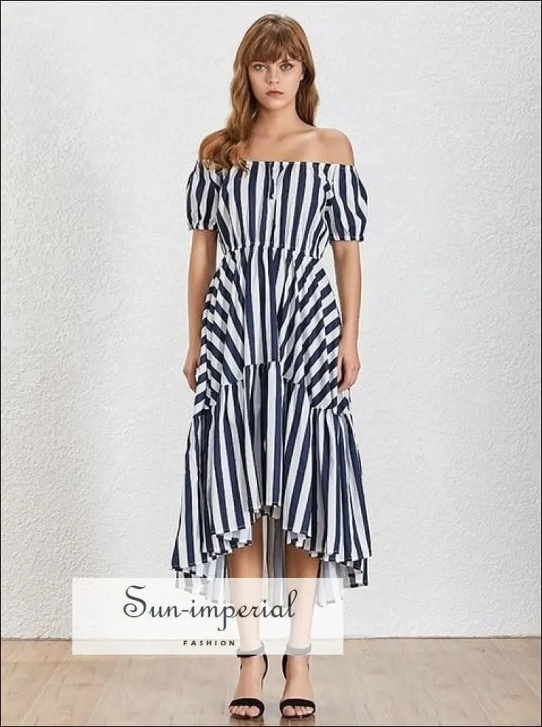 Lena Dress - Summer Striped Women Dress O Neck Short Sleeve High Waist Hit Color Asymmetrical Midi