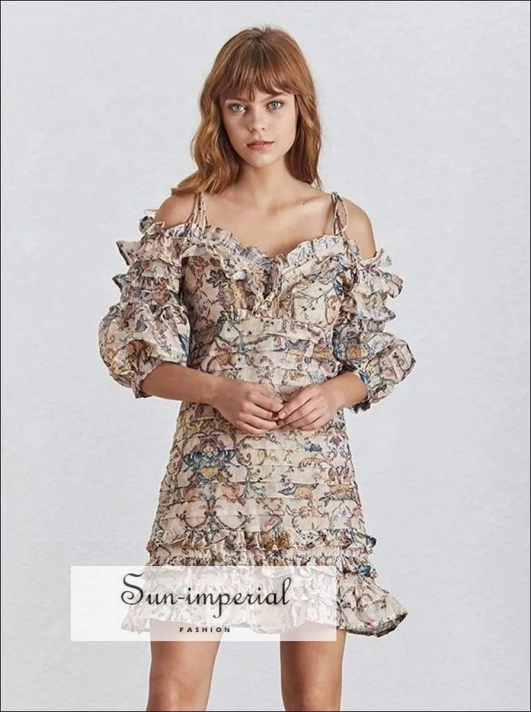 Lexi Dress- Vintage Floral Print Cold Shoulder Lantern Sleeve Women Mini Dress Ruffles Hem A-line