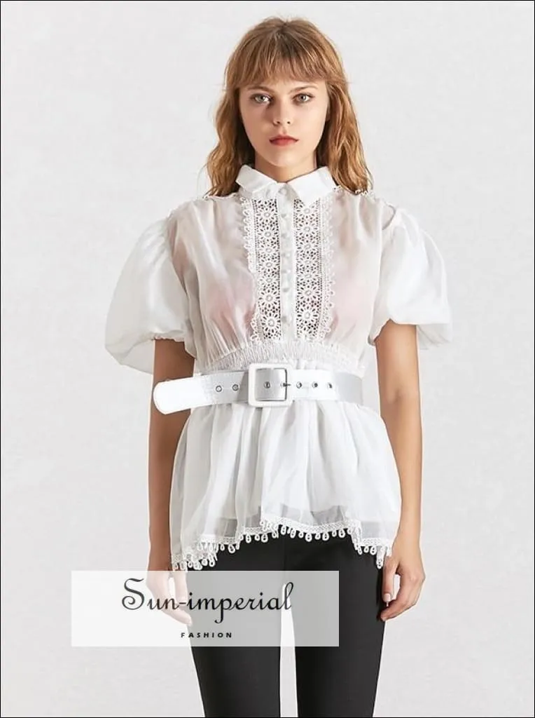 Lisa top -  White Elegant Sheer Belted Women Blouse Lapel Collar Short Puff Sleeve Chiffon Top