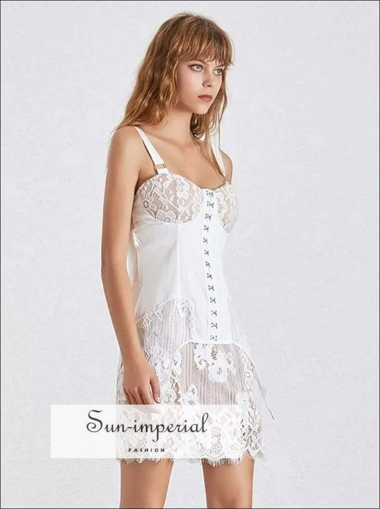 London Dress- - Lace Patchwork Dress for Women off Shoulder Sleeveless High Waist Slim Mini